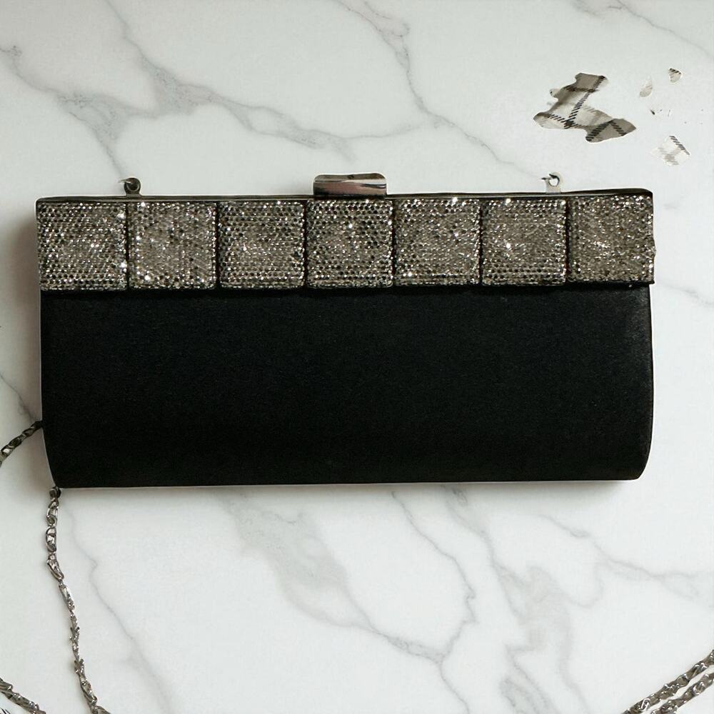 RSVP Y2K Black Satin Evening Bag w/ Silver Square Detail & Chain Strap - Picture 7 of 10
